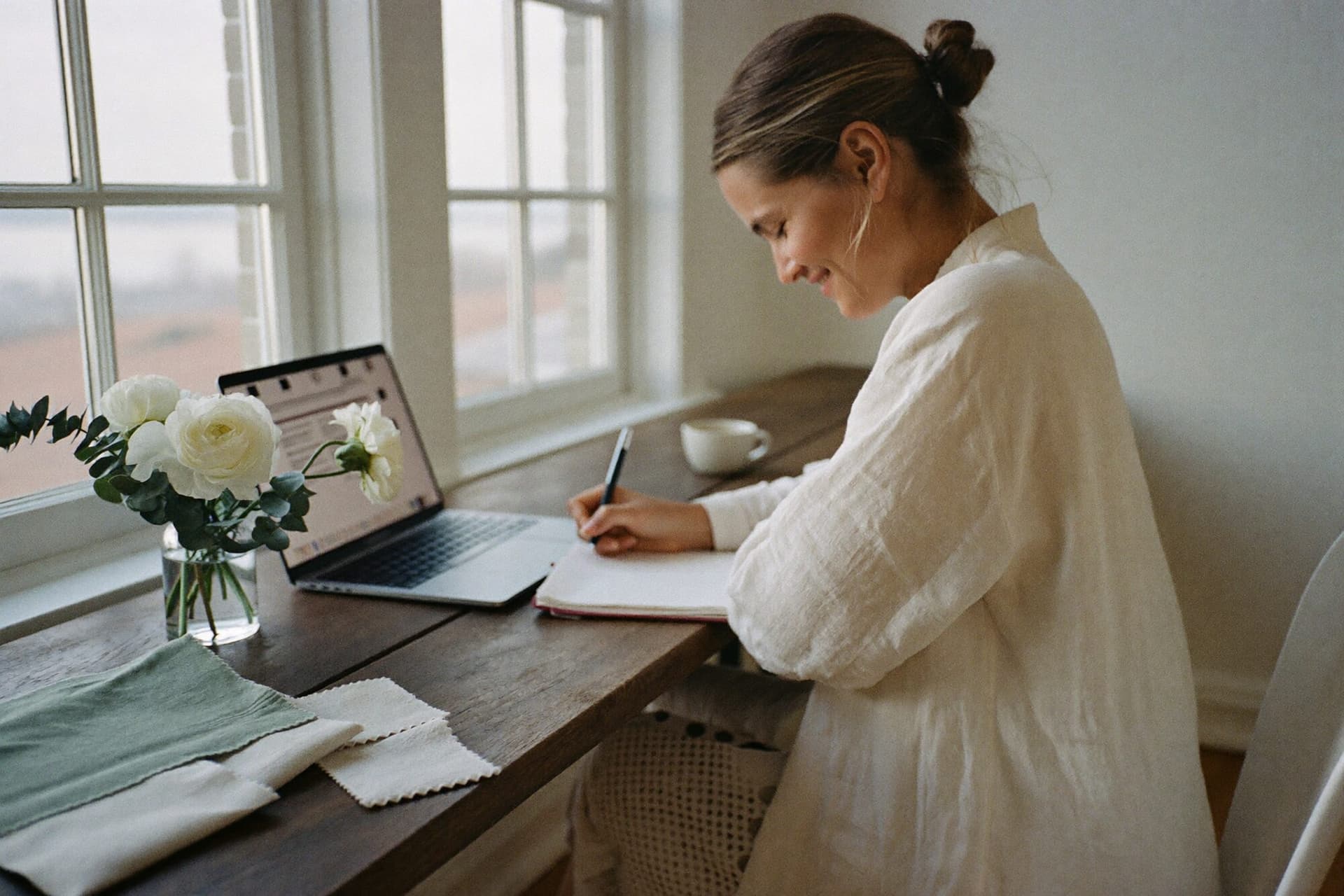 A planner reviewing documents at a table