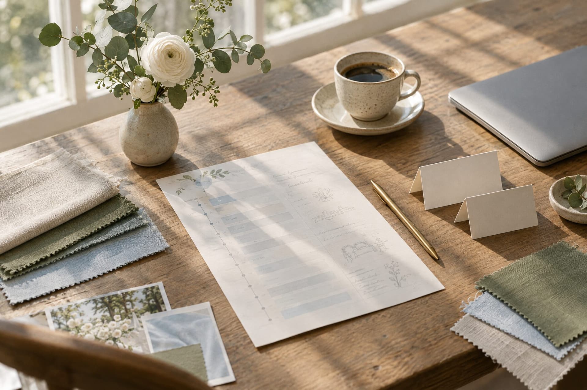 A planner's table with notes and fabric swatches