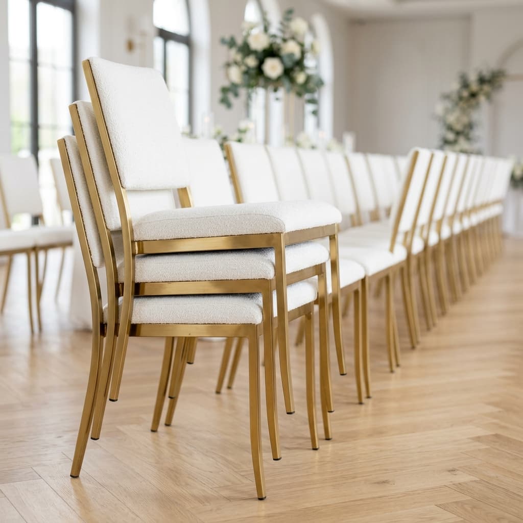 Gold framed white chairs lined up in a bright room